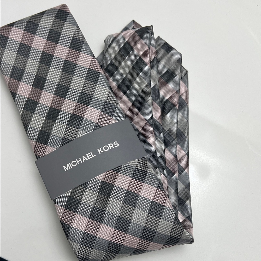 Michael Kors Pink & Gray Checked Silk Tie